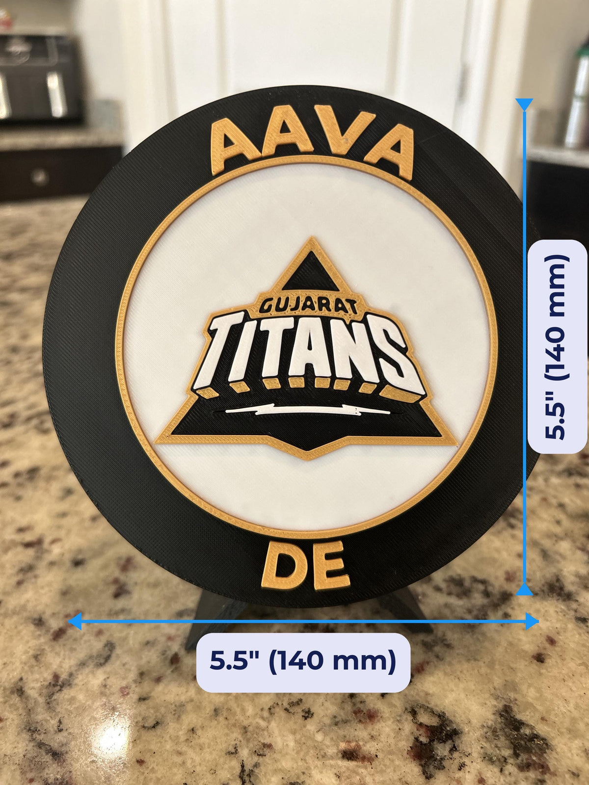 Gujarat Titans GT 3D printed black and gold roundel display with leg stand and hidden stash box, personalized IPL cricket fan gift, made in USA