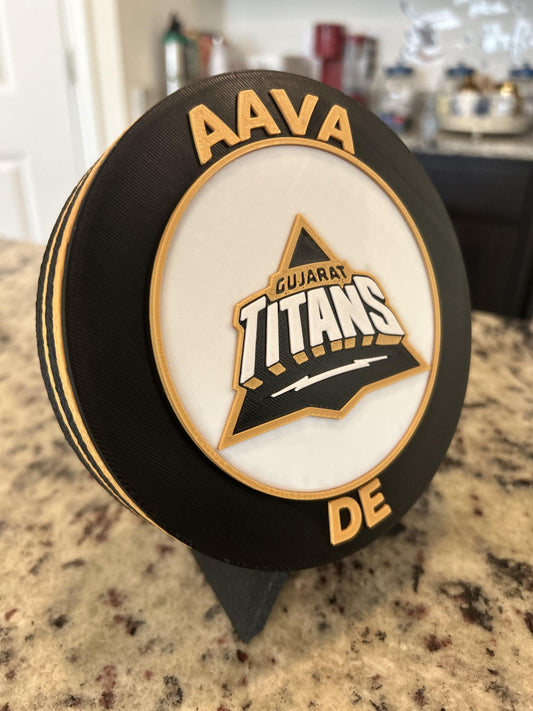 Gujarat Titans GT 3D printed black and gold roundel display with leg stand and hidden stash box, personalized IPL cricket fan gift, made in USA