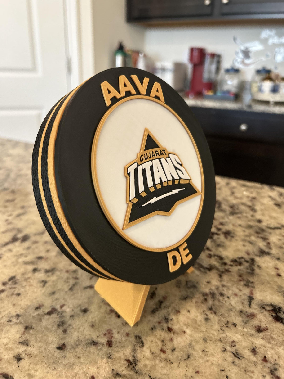 Gujarat Titans GT 3D printed black and gold roundel display with leg stand and hidden stash box, personalized IPL cricket fan gift, made in USA