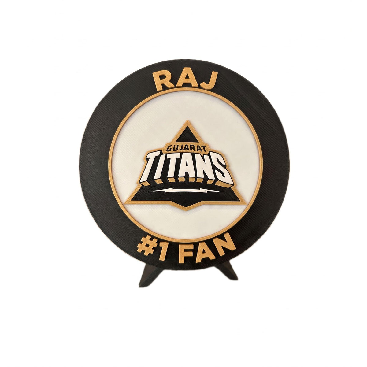 Personalized example: RAJ and #1 FAN on the Gujarat Titans GT roundel, custom IPL cricket fan gift, made in USA