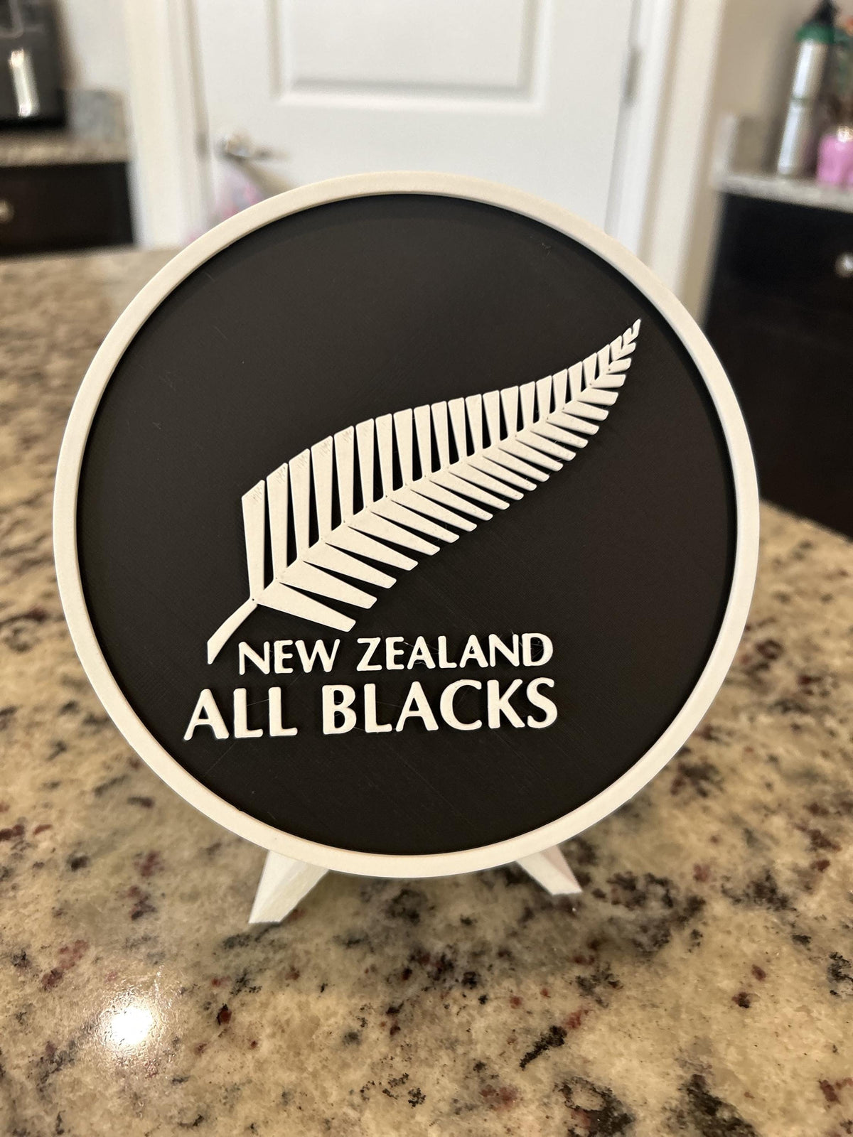 New Zealand All Blacks silver fern 3D printed roundel display with leg stand and hidden stash box, rugby fan gift, made in USA