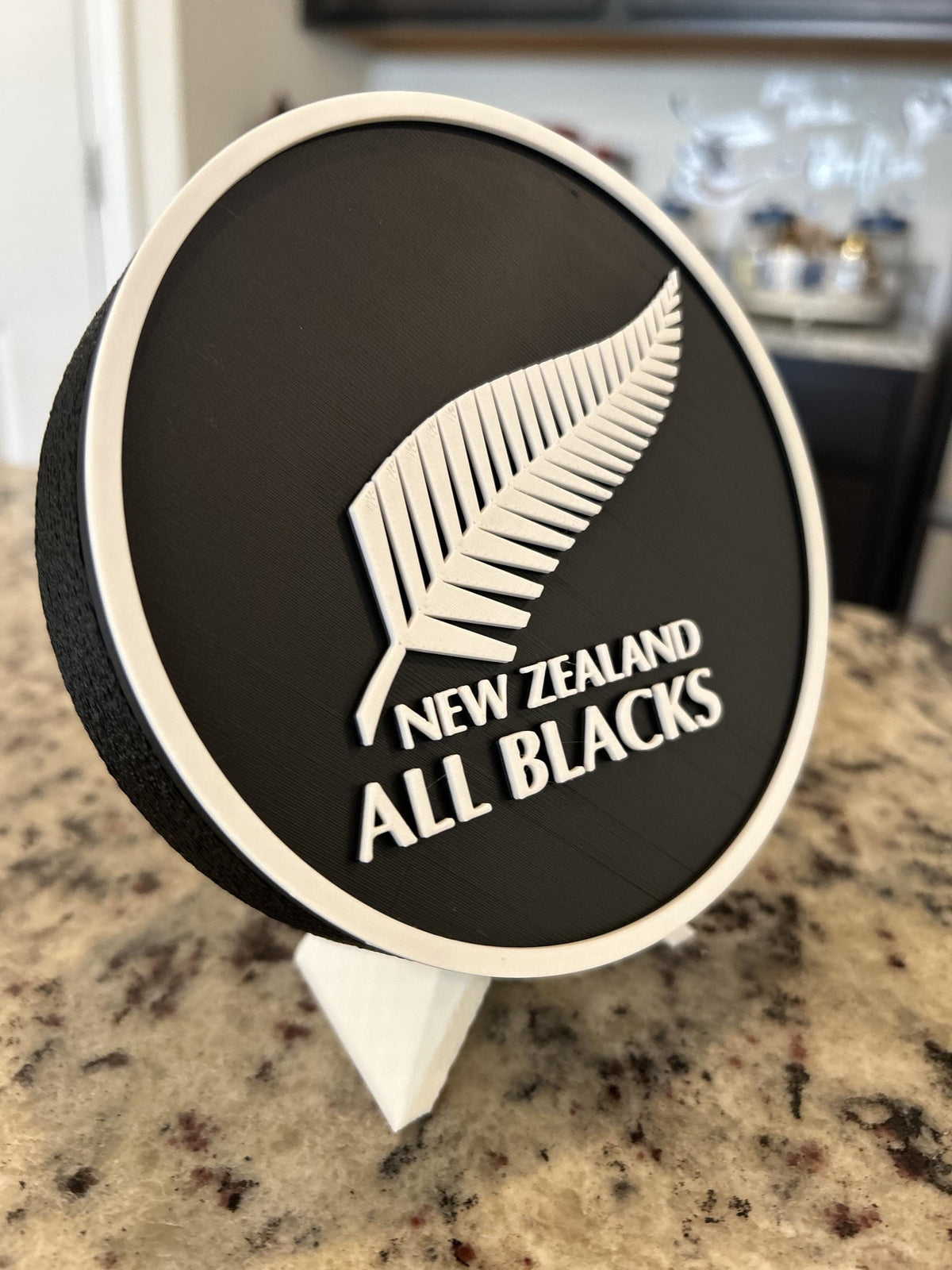 New Zealand All Blacks silver fern 3D printed roundel display with leg stand and hidden stash box, rugby fan gift, made in USA