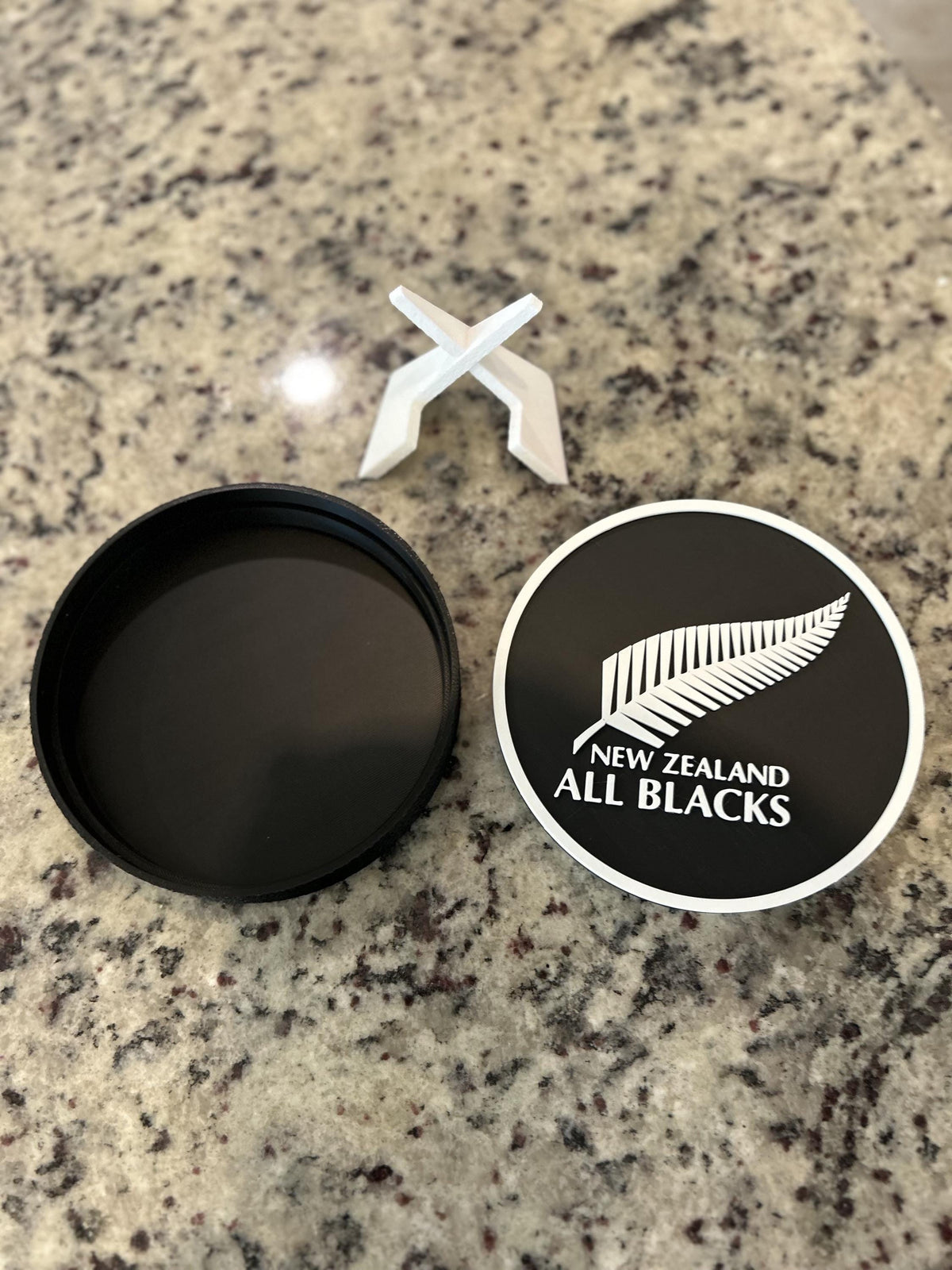 New Zealand All Blacks silver fern 3D printed roundel display with leg stand and hidden stash box, rugby fan gift, made in USA