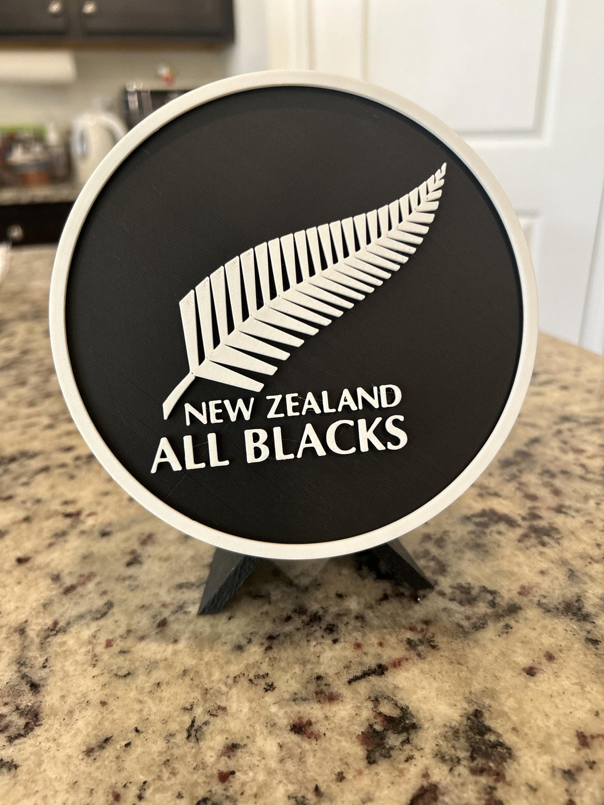 New Zealand All Blacks silver fern 3D printed roundel display with leg stand and hidden stash box, rugby fan gift, made in USA