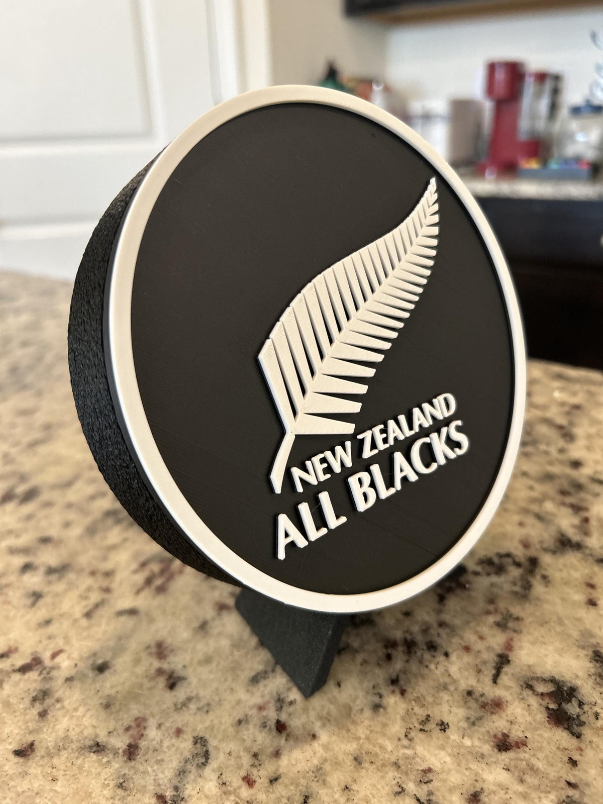 New Zealand All Blacks silver fern 3D printed roundel display with leg stand and hidden stash box, rugby fan gift, made in USA