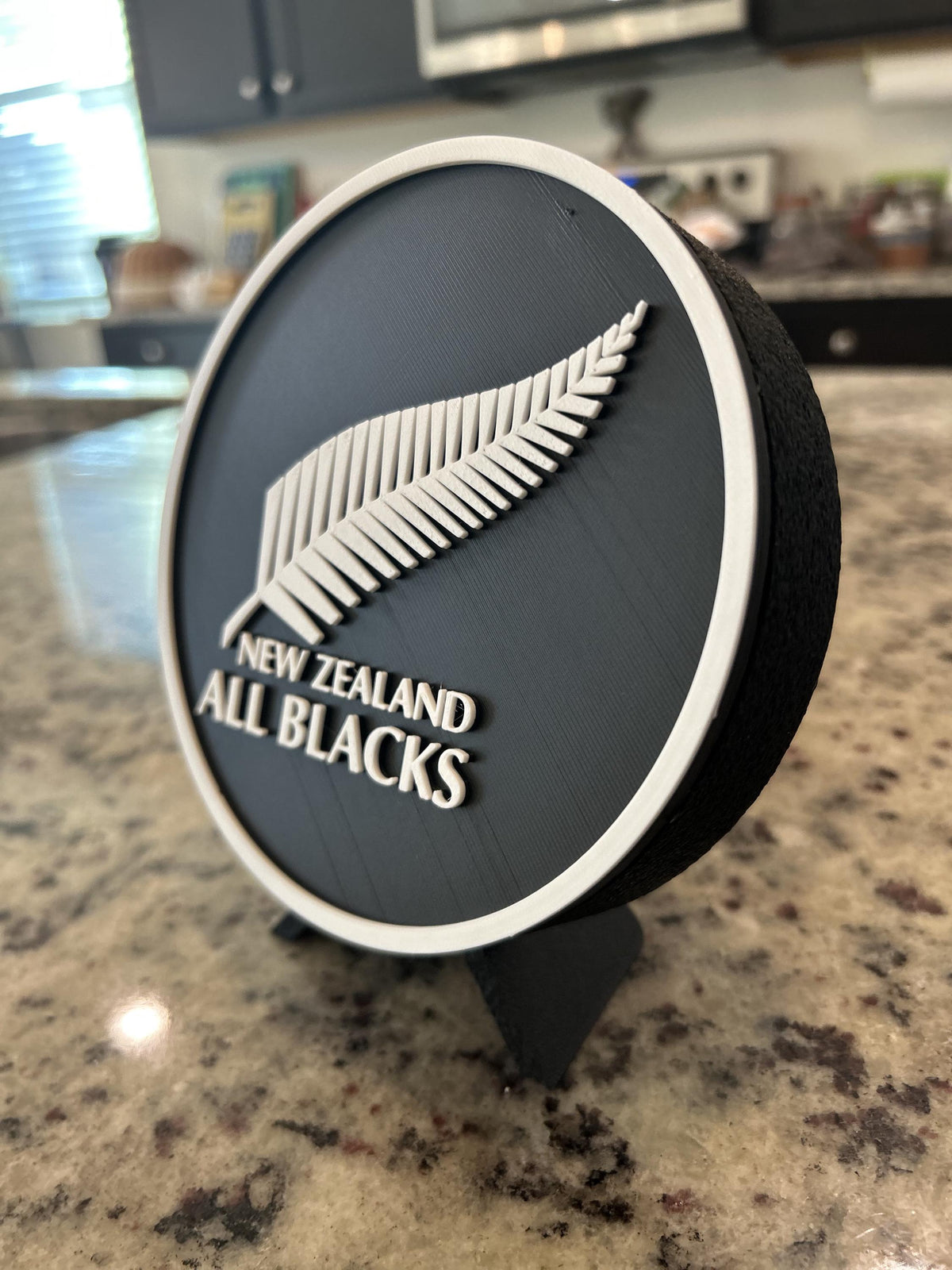 New Zealand All Blacks silver fern 3D printed roundel display with leg stand and hidden stash box, rugby fan gift, made in USA