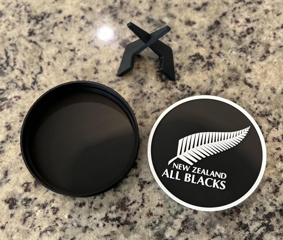 New Zealand All Blacks silver fern 3D printed roundel display with leg stand and hidden stash box, rugby fan gift, made in USA