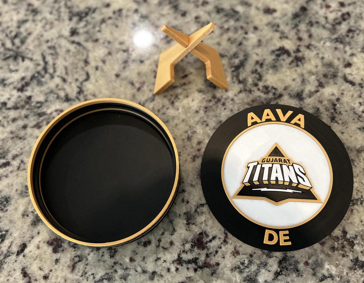 Gujarat Titans GT 3D printed black and gold roundel display with leg stand and hidden stash box, personalized IPL cricket fan gift, made in USA