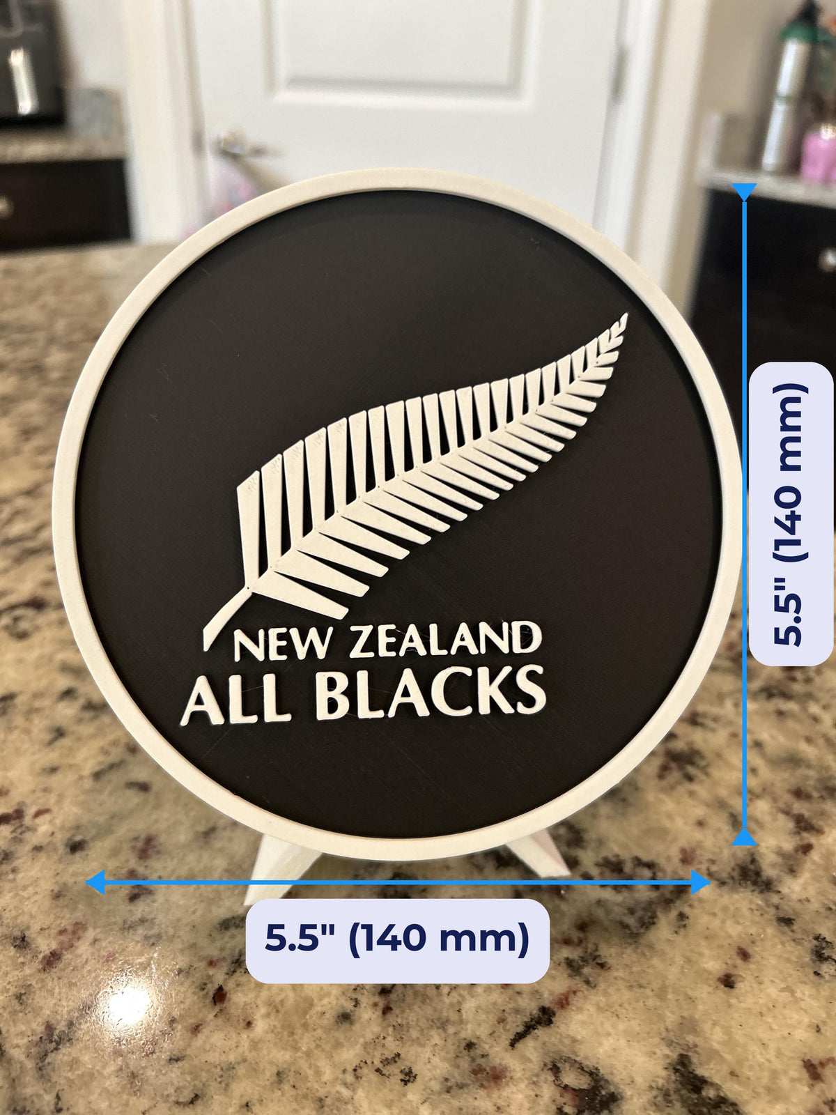 New Zealand All Blacks 3D printed round silver-fern roundel 5.5 inch (140 mm) measurement, display with stand and stash box, made in USA
