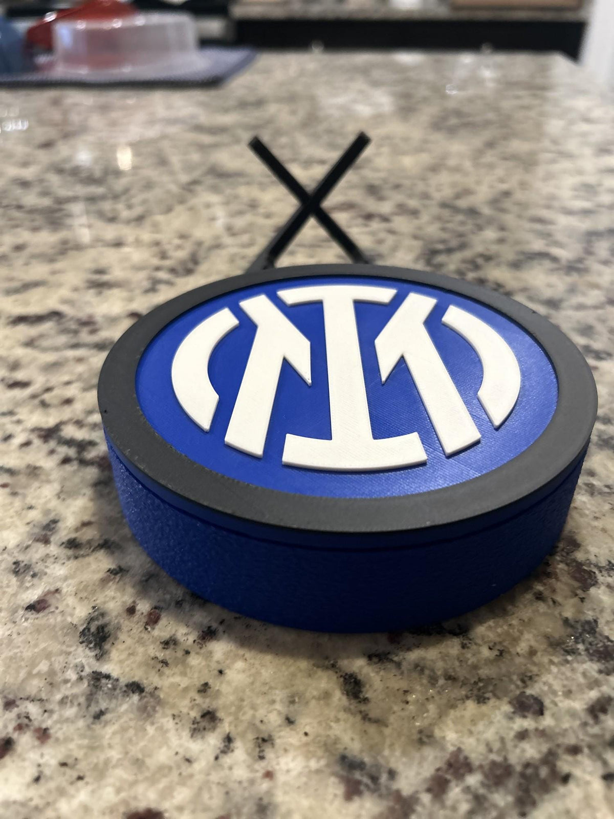 Inter Milan 3D printed round display medallion with stand and hidden stash boxNerazzurri Italian Serie A soccer fan gift, made in USA