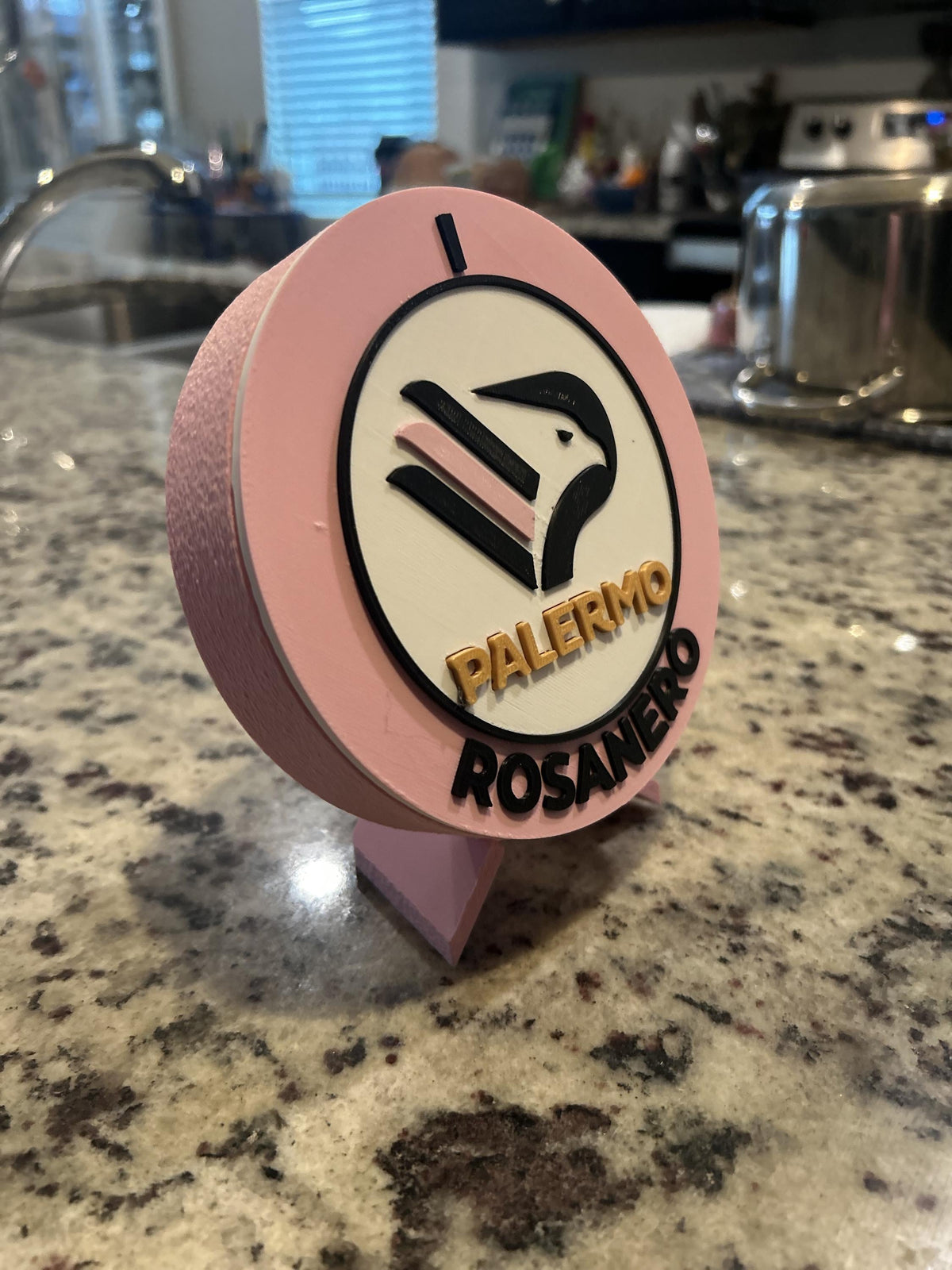 Palermo 3D printed round display medallion with stand and hidden stash boxRosanero Italian soccer fan gift, made in USA