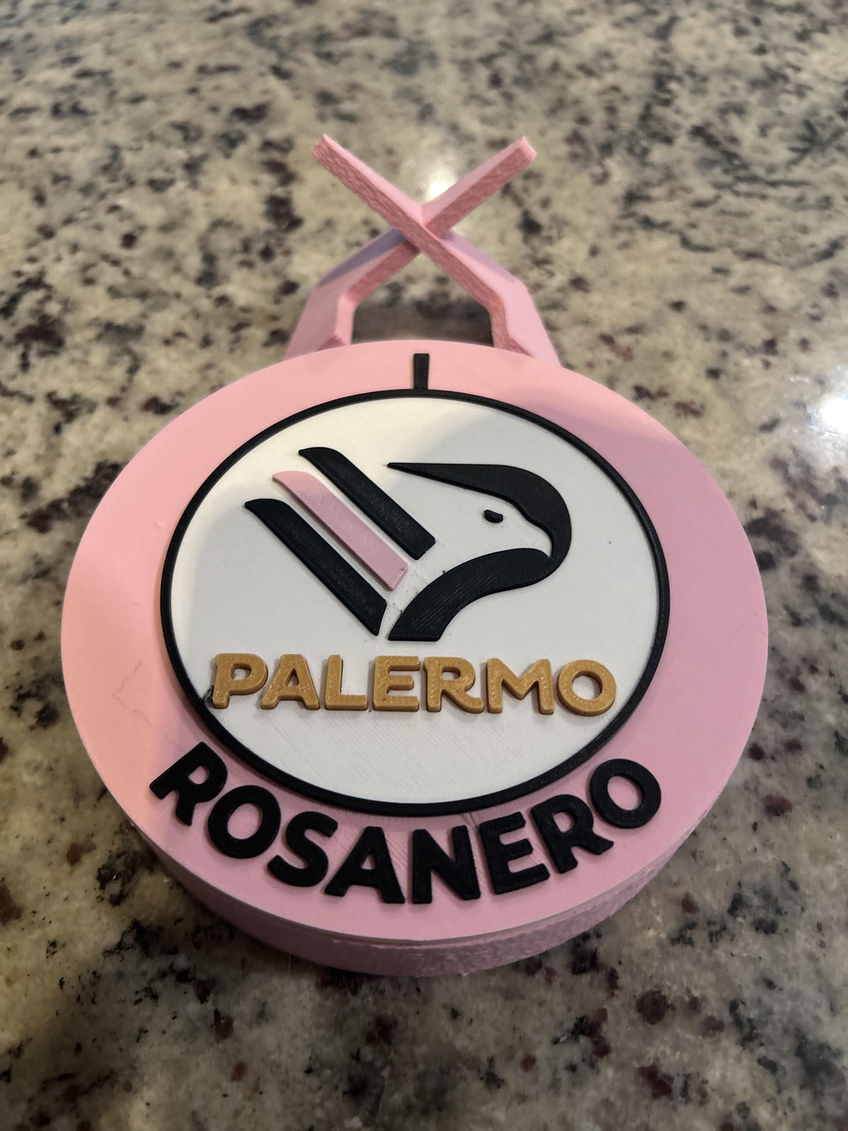 Palermo 3D printed round display medallion with stand and hidden stash boxRosanero Italian soccer fan gift, made in USA