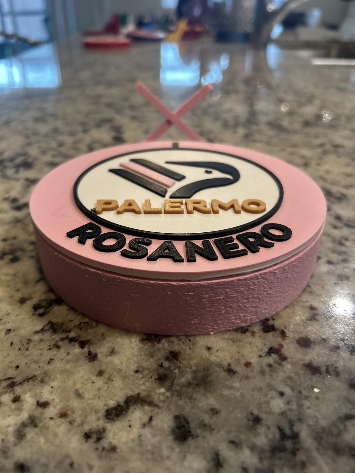 Palermo 3D printed round display medallion with stand and hidden stash boxRosanero Italian soccer fan gift, made in USA