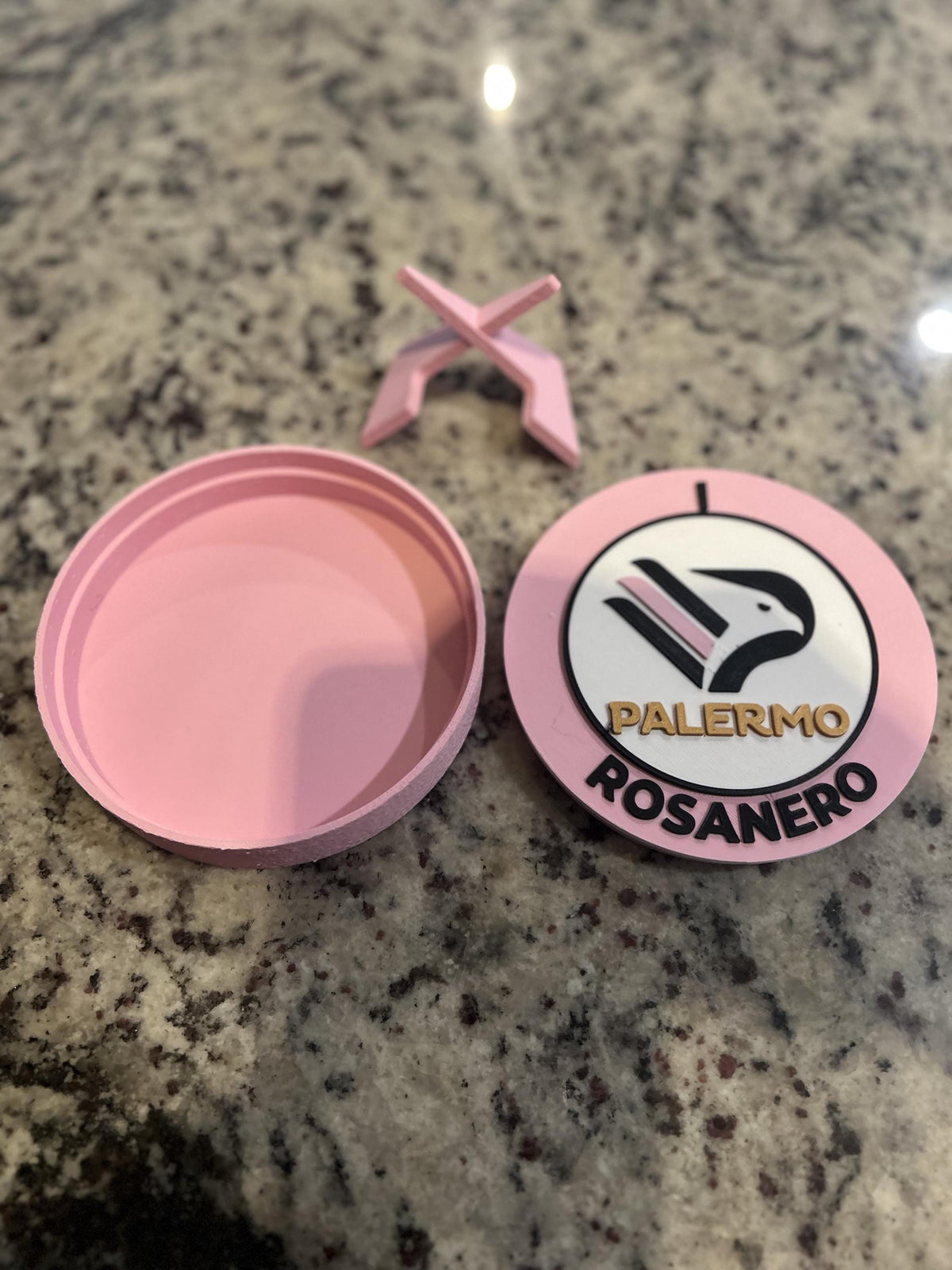 Palermo 3D printed round display medallion with stand and hidden stash boxRosanero Italian soccer fan gift, made in USA