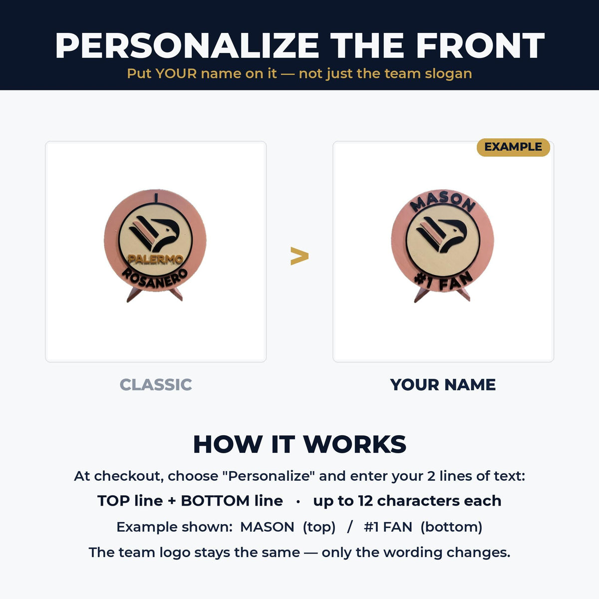 How to personalize: your name on top and #1 Fan on the bottom, custom 3D printed