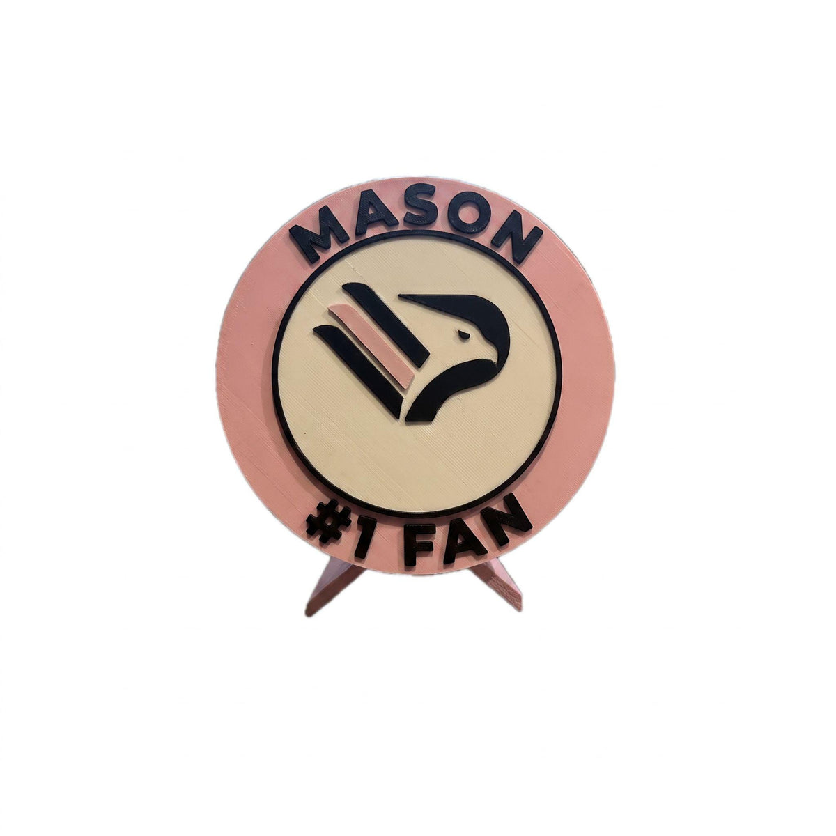Personalized example with the name MASON on top and #1 FAN on the bottom, 3D printed to order