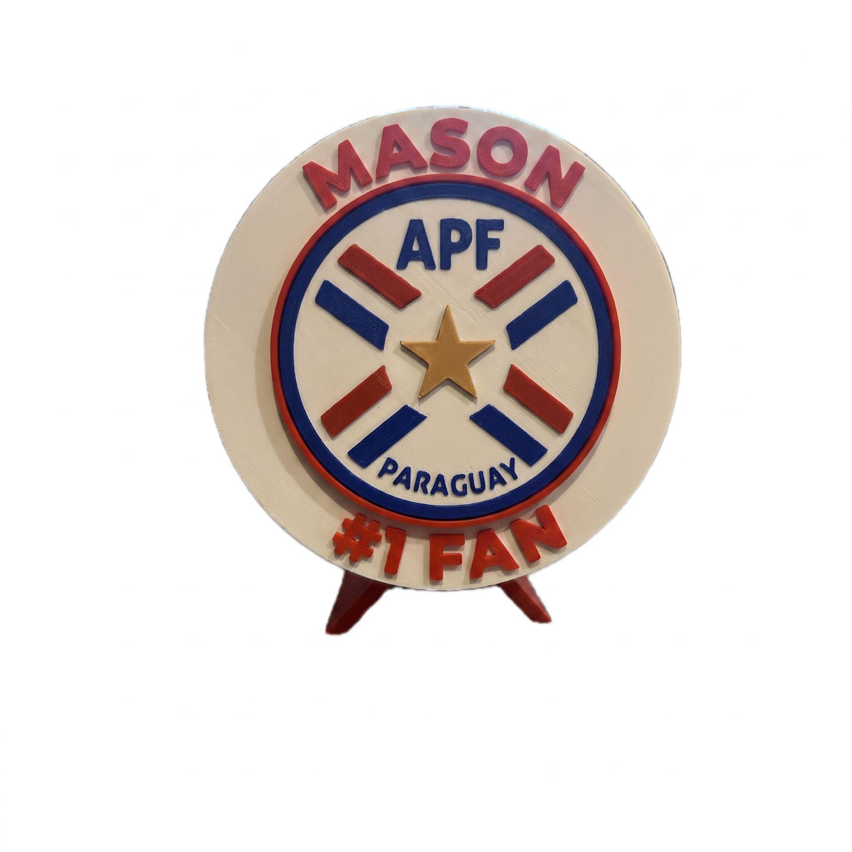 Personalized example with the name MASON on top and #1 FAN on the bottom, 3D printed to order