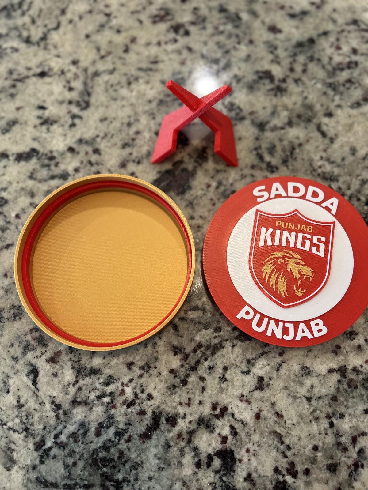 Punjab Kings 3D printed round display medallion with stand and hidden stash boxSadda Punjab IPL cricket fan gift, made in USA