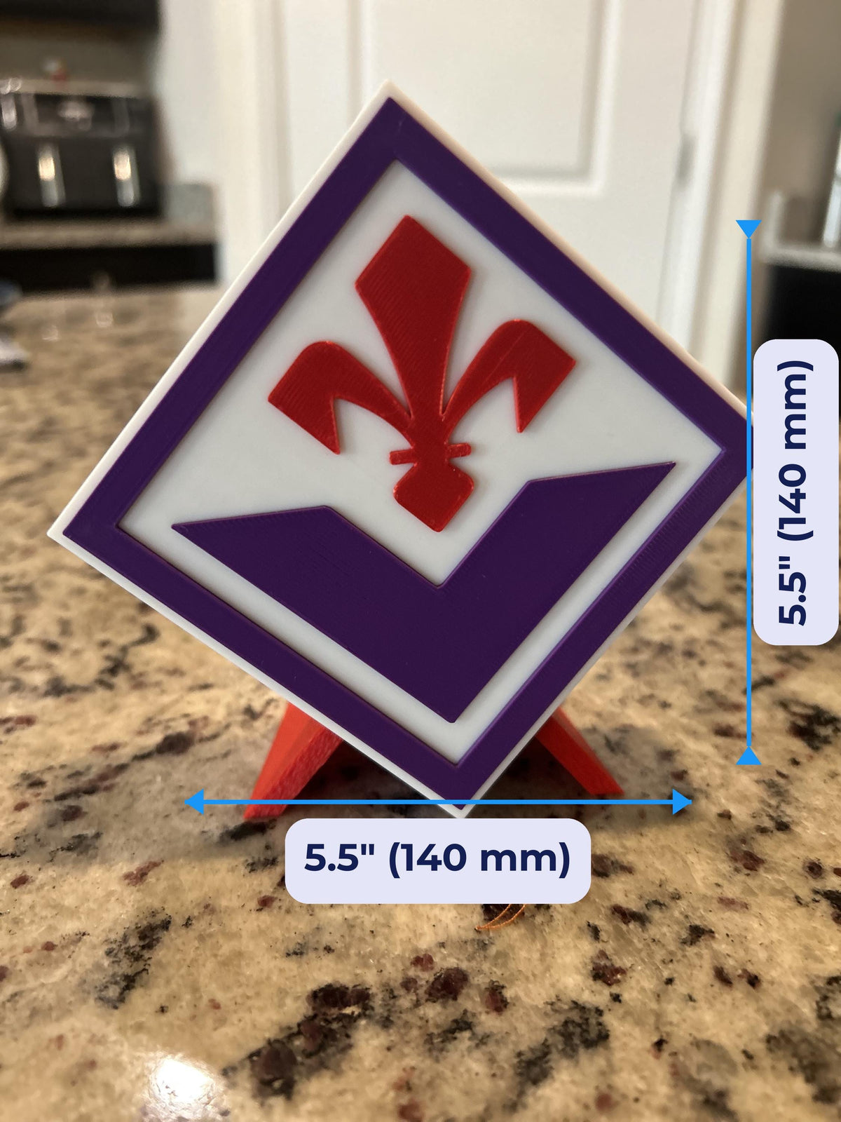 ACF Fiorentina 3D printed viola purple Giglio crest display with red stand and hidden stash box, La Viola Serie A soccer fan gift, made in USA