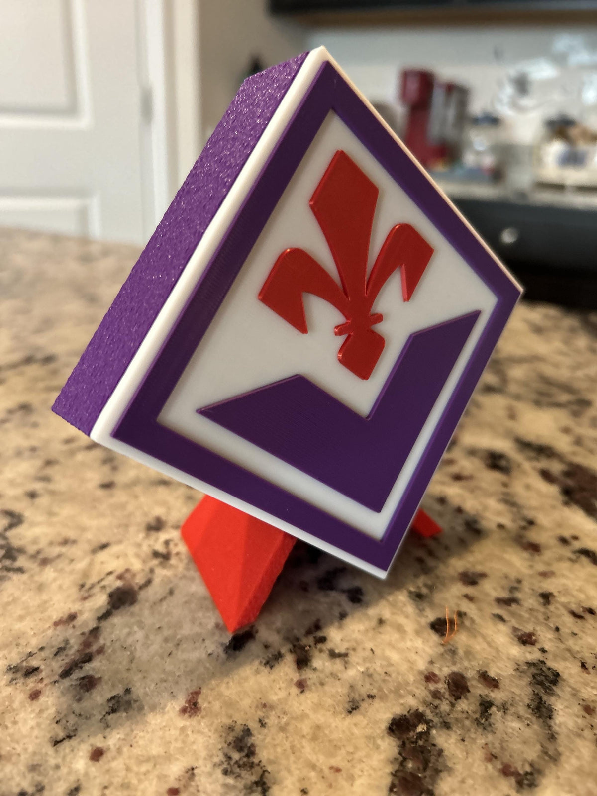 ACF Fiorentina 3D printed viola purple Giglio crest display with red stand and hidden stash box, La Viola Serie A soccer fan gift, made in USA
