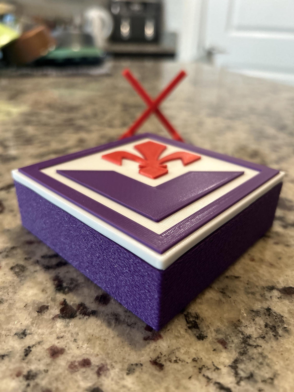ACF Fiorentina 3D printed viola purple Giglio crest display with red stand and hidden stash box, La Viola Serie A soccer fan gift, made in USA