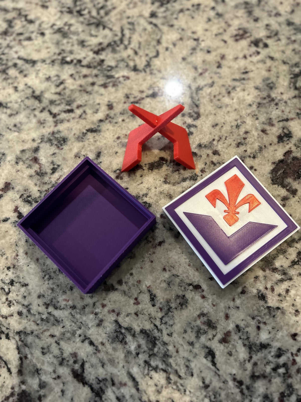 ACF Fiorentina 3D printed viola purple Giglio crest display with red stand and hidden stash box, La Viola Serie A soccer fan gift, made in USA