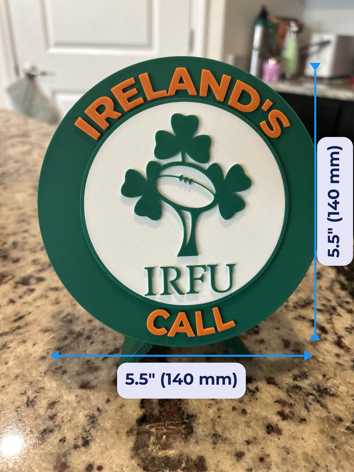 Ireland rugby IRFU 3D printed shamrock crest roundel with Irish tricolor base and green stand and hidden stash box, personalized Ireland's Call rugby fan gift, made in USA