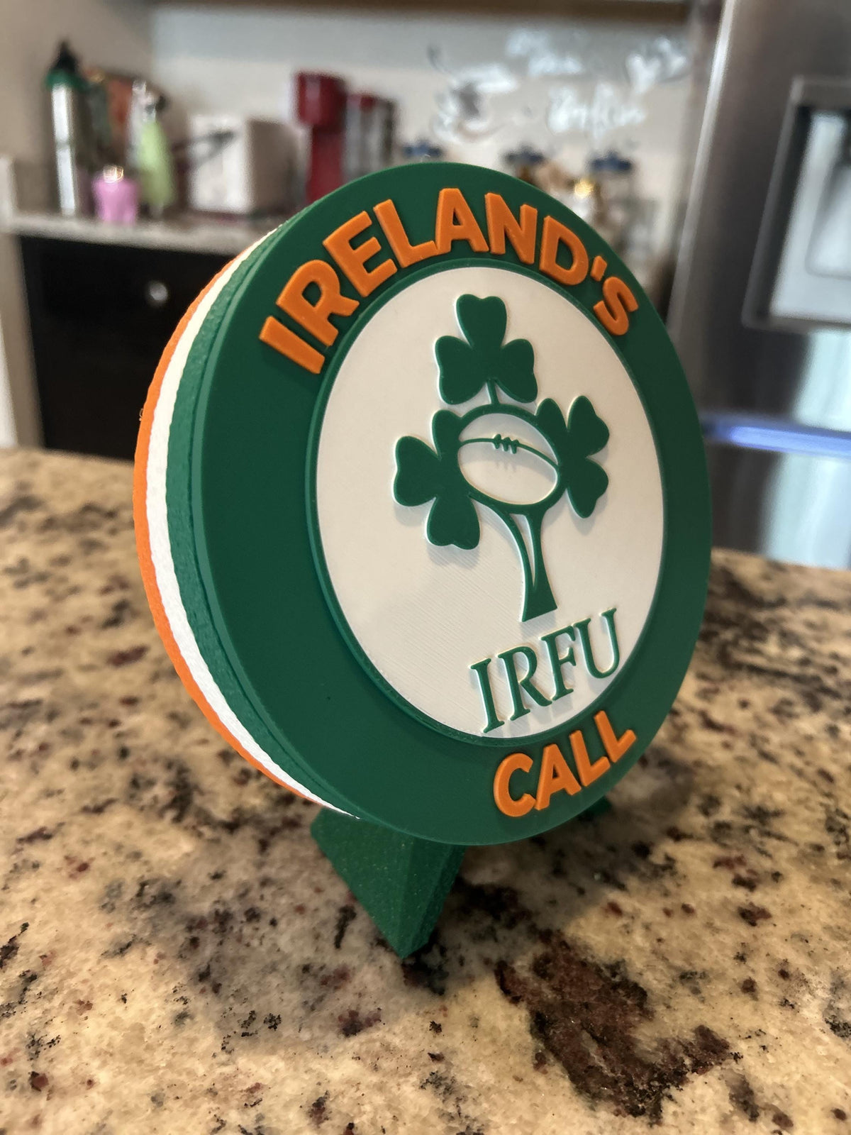 Ireland rugby IRFU 3D printed shamrock crest roundel with Irish tricolor base and green stand and hidden stash box, personalized Ireland's Call rugby fan gift, made in USA