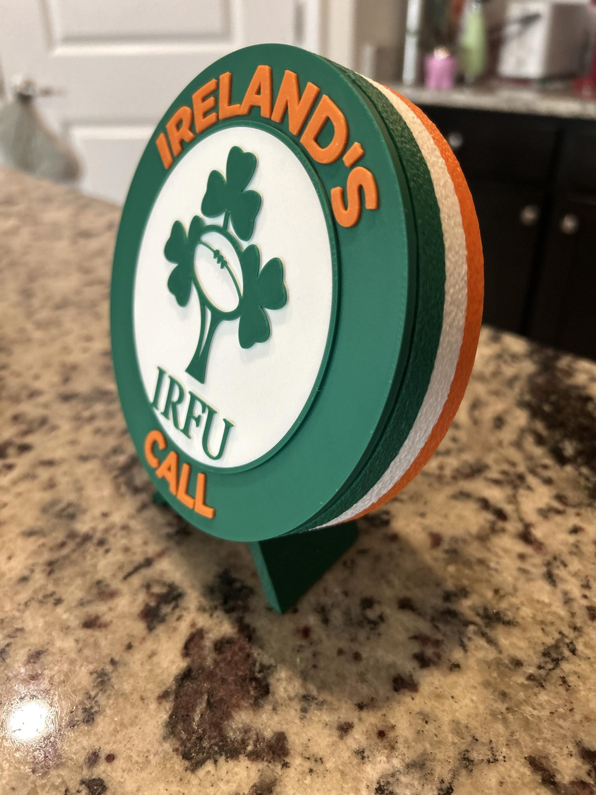 Ireland rugby IRFU 3D printed shamrock crest roundel with Irish tricolor base and green stand and hidden stash box, personalized Ireland's Call rugby fan gift, made in USA