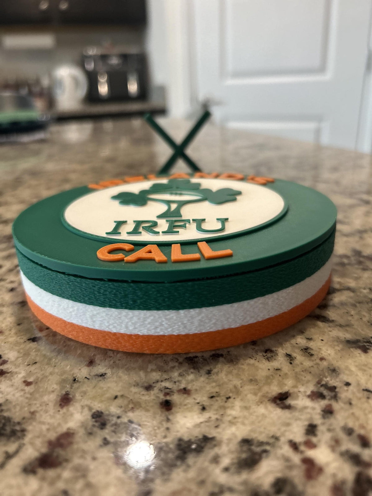 Ireland rugby IRFU 3D printed shamrock crest roundel with Irish tricolor base and green stand and hidden stash box, personalized Ireland's Call rugby fan gift, made in USA