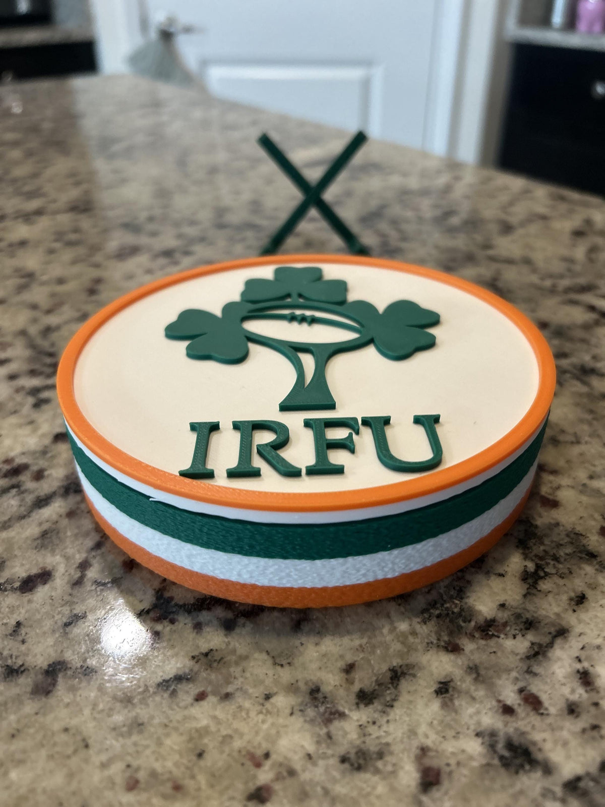 Ireland rugby IRFU 3D printed shamrock crest roundel with Irish tricolor base and green stand and hidden stash box, personalized Ireland's Call rugby fan gift, made in USA