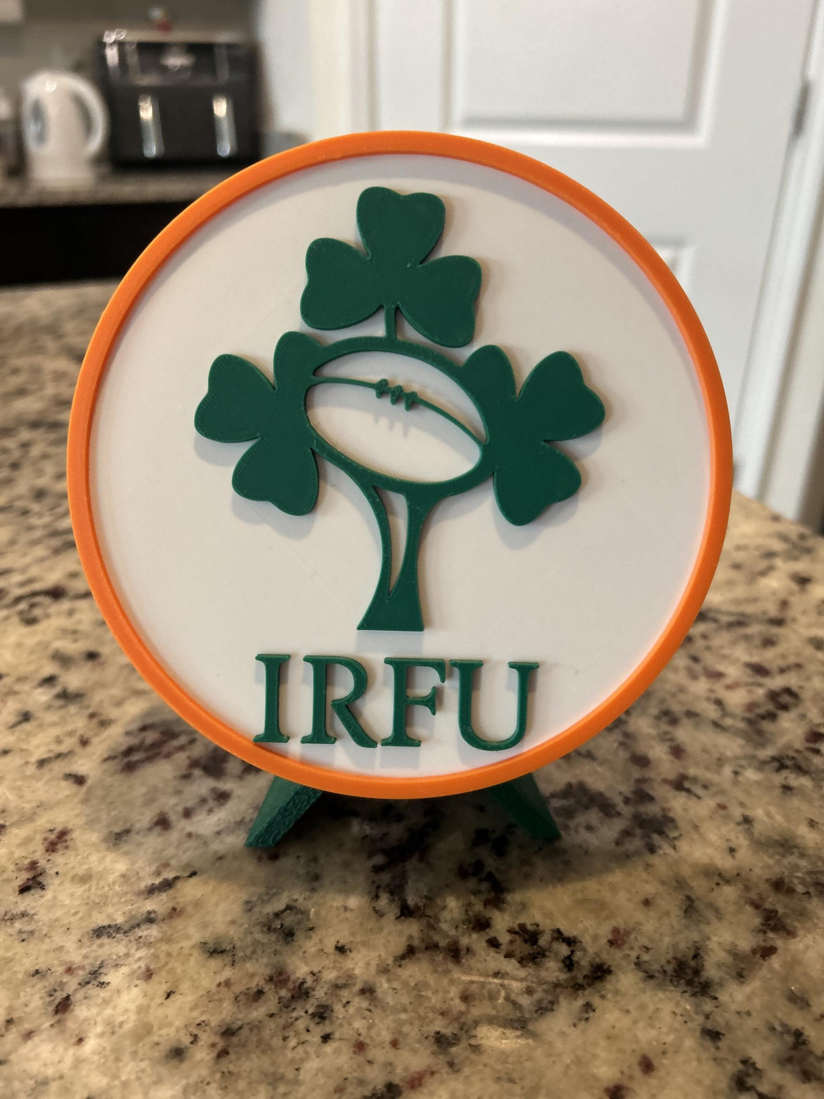Ireland rugby IRFU 3D printed shamrock crest roundel with Irish tricolor base and green stand and hidden stash box, personalized Ireland's Call rugby fan gift, made in USA