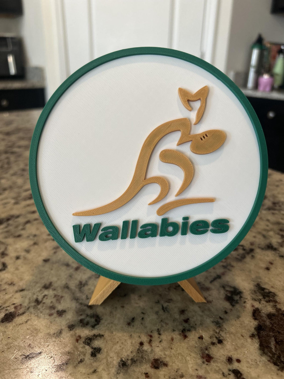 Australia Wallabies 3D printed green and gold rugby roundel display with stand and hidden stash box, made in USA