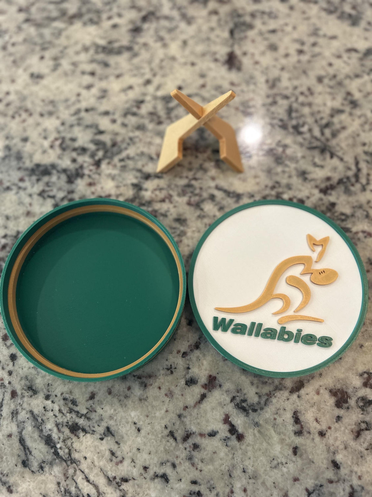Australia Wallabies 3D printed green and gold rugby roundel display with stand and hidden stash box, made in USA
