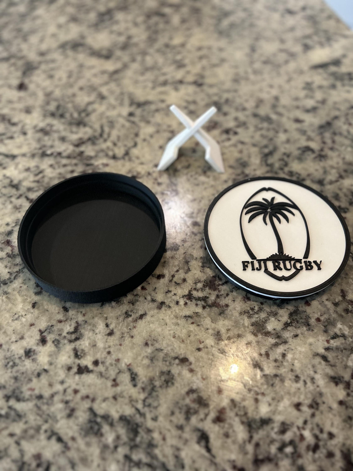 Fiji rugby Flying Fijians 3D printed palm-tree crest roundel with black base and stand and hidden stash box, personalized rugby fan gift, made in USA