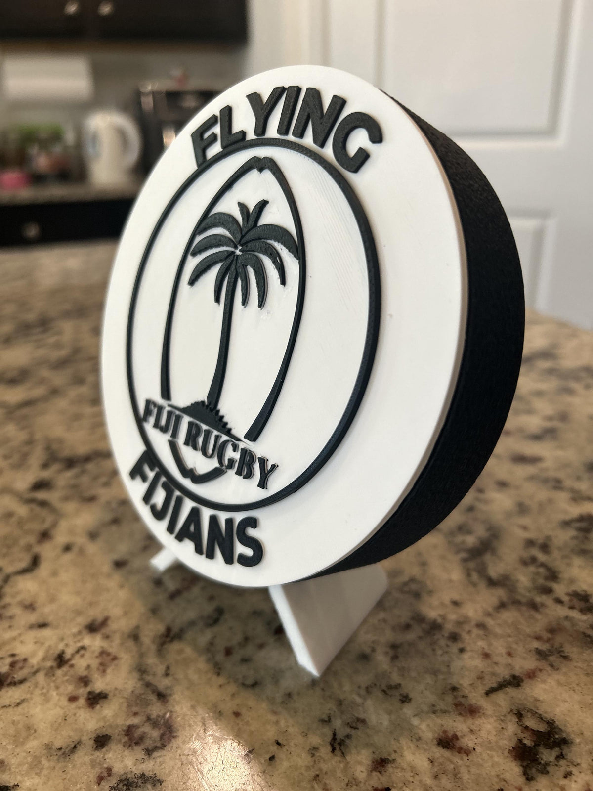 Fiji rugby Flying Fijians 3D printed palm-tree crest roundel with black base and stand and hidden stash box, personalized rugby fan gift, made in USA
