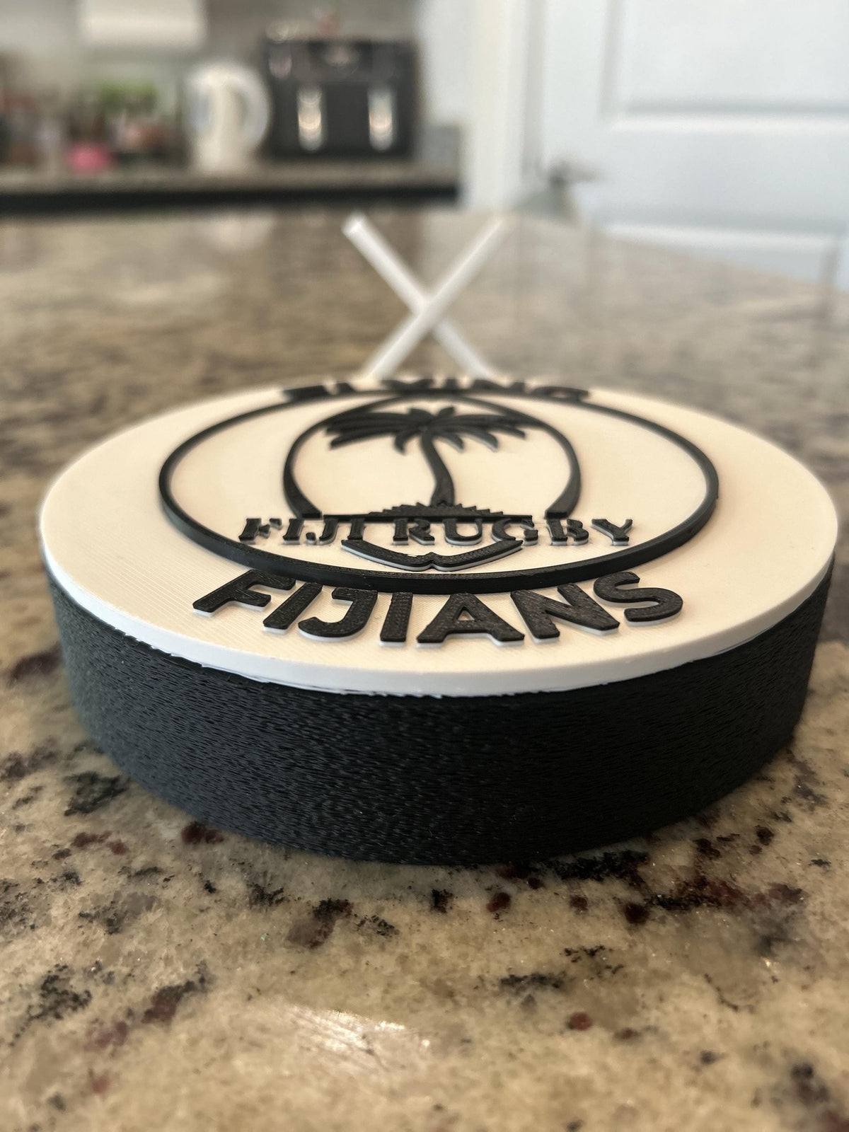 Fiji rugby Flying Fijians 3D printed palm-tree crest roundel with black base and stand and hidden stash box, personalized rugby fan gift, made in USA