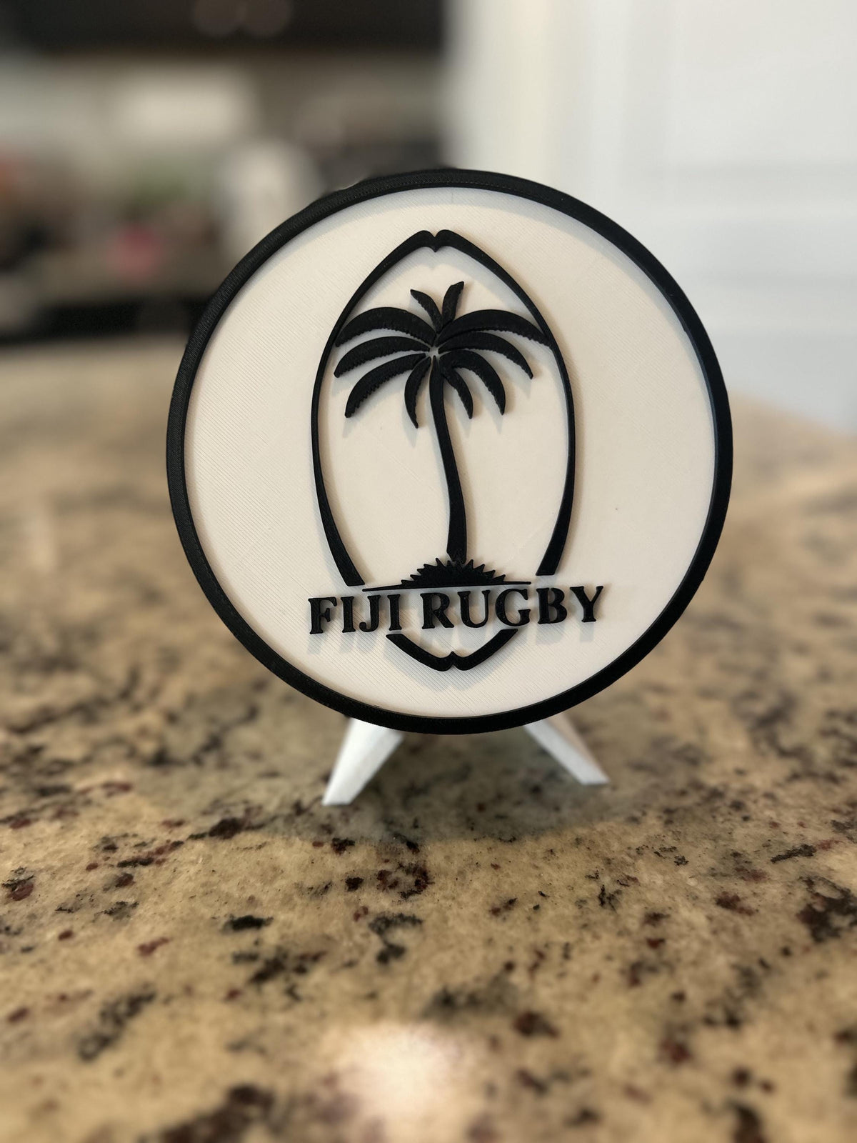 Fiji rugby Flying Fijians 3D printed palm-tree crest roundel with black base and stand and hidden stash box, personalized rugby fan gift, made in USA