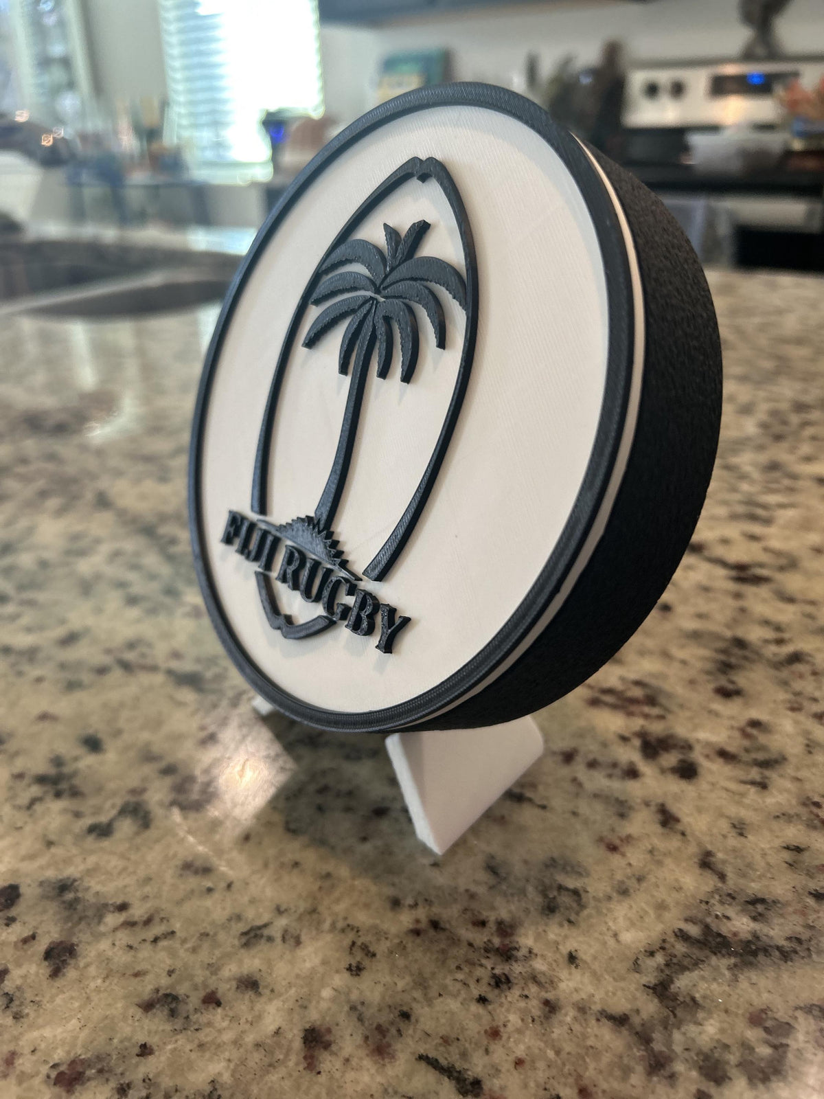 Fiji rugby Flying Fijians 3D printed palm-tree crest roundel with black base and stand and hidden stash box, personalized rugby fan gift, made in USA