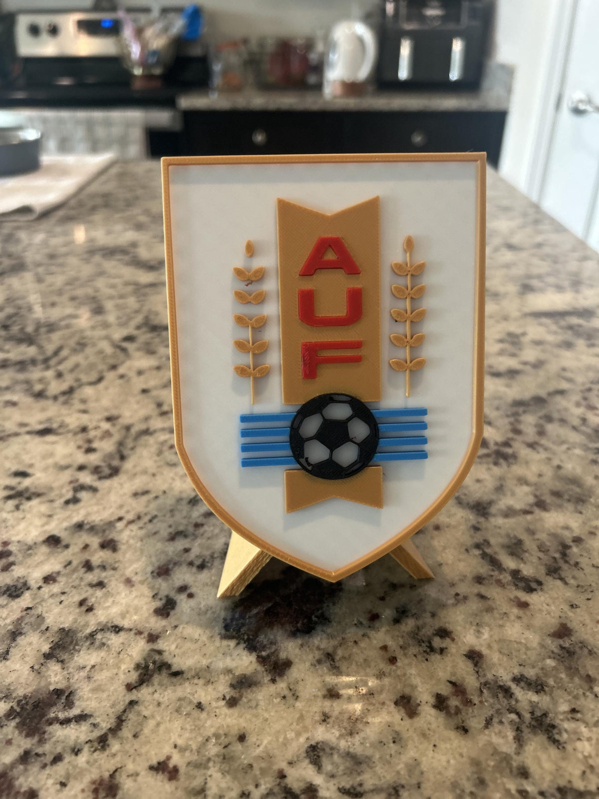 Uruguay La Celeste AUF 3D printed crest display with stand and hidden stash boxUruguayan national team soccer fan gift, made in USA