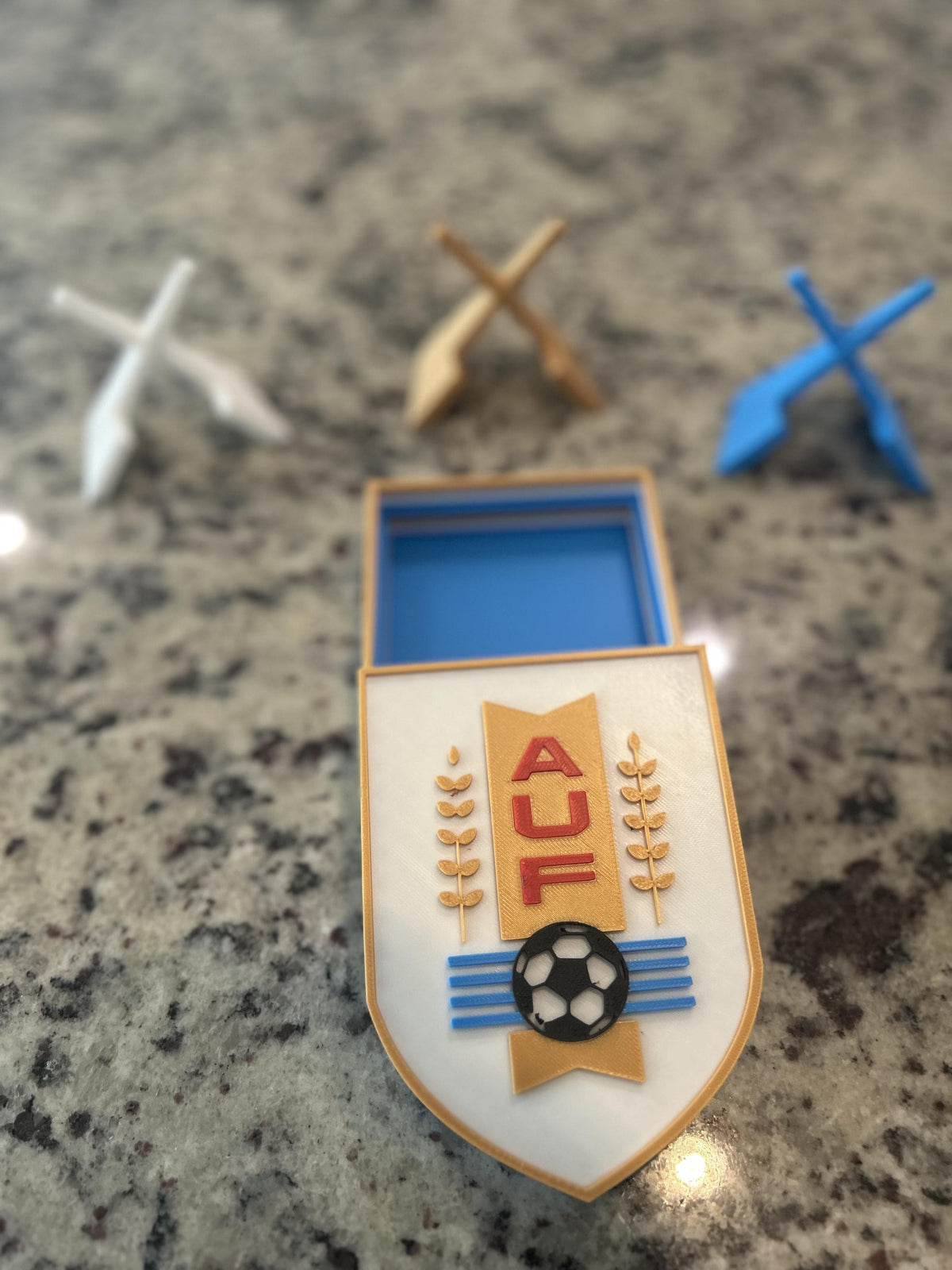 Uruguay La Celeste AUF 3D printed crest display with stand and hidden stash boxUruguayan national team soccer fan gift, made in USA