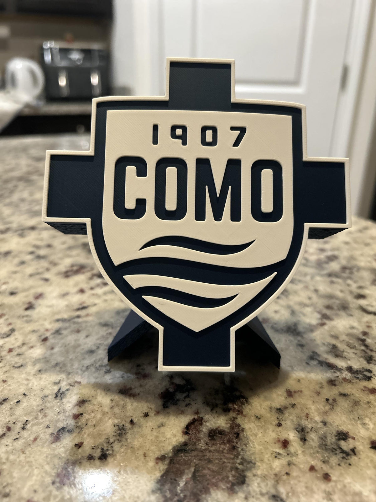 Como 1907 3D printed cross and shield crest display with stand and hidden stash box, Italian Serie A soccer fan gift, made in USA
