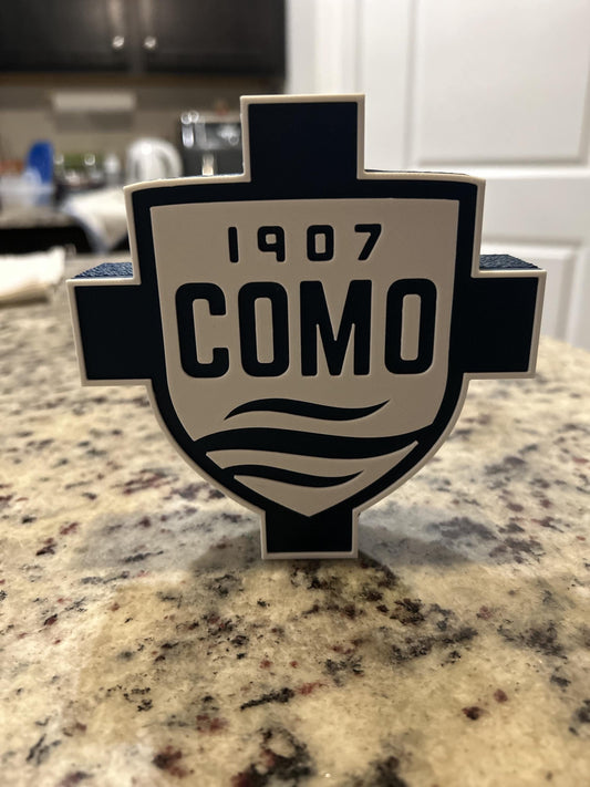 Como 1907 3D printed cross and shield crest display with stand and hidden stash box, Italian Serie A soccer fan gift, made in USA
