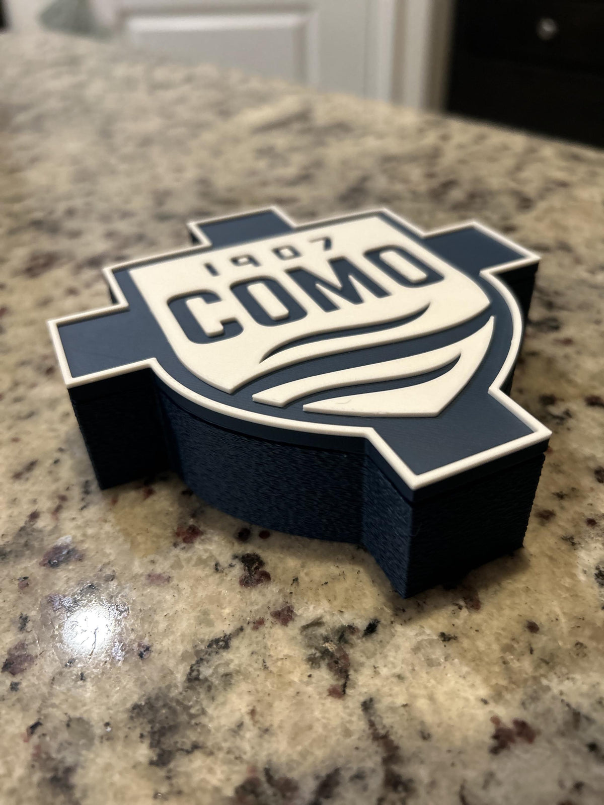 Como 1907 3D printed cross and shield crest display with stand and hidden stash box, Italian Serie A soccer fan gift, made in USA