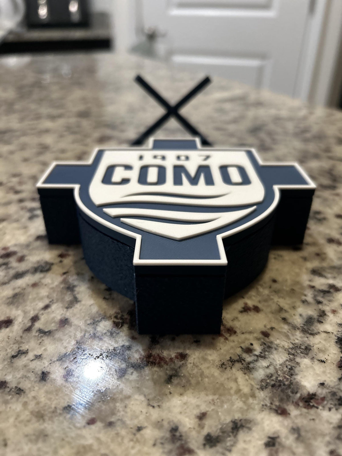 Como 1907 3D printed cross and shield crest display with stand and hidden stash box, Italian Serie A soccer fan gift, made in USA