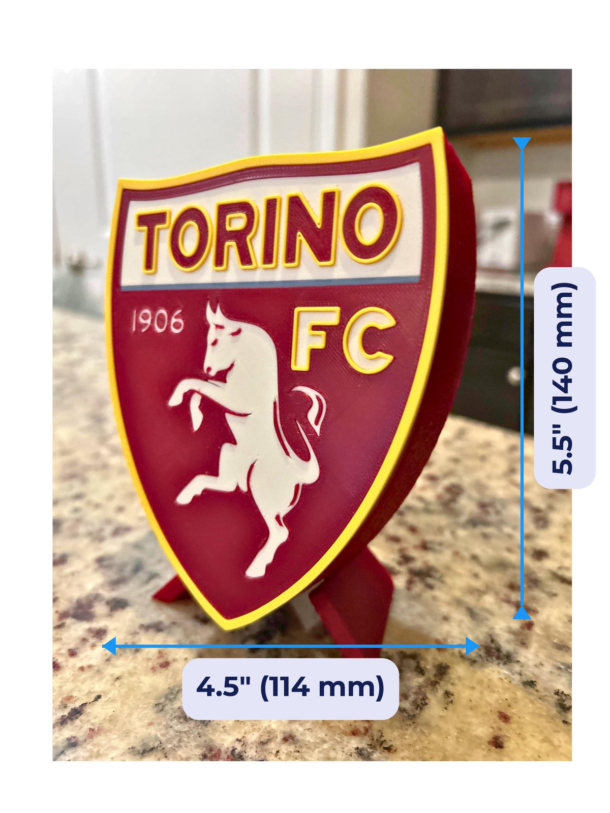 Torino FC 3D printed granata shield crest with rampant bull display with stand and hidden stash box, Italian Serie A soccer fan gift, made in USA