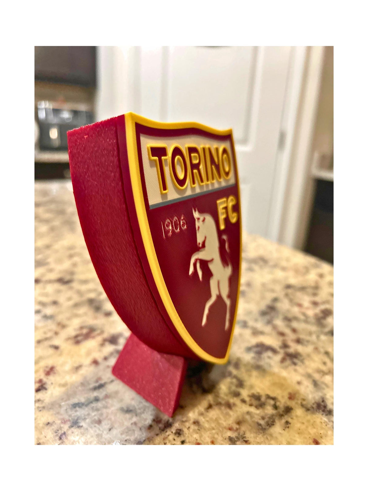 Torino FC 3D printed granata shield crest with rampant bull display with stand and hidden stash box, Italian Serie A soccer fan gift, made in USA