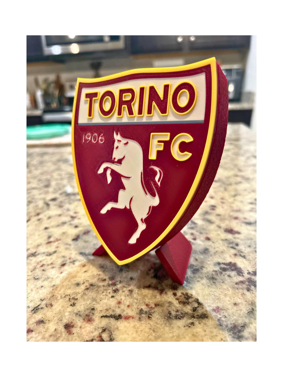 Torino FC 3D printed granata shield crest with rampant bull display with stand and hidden stash box, Italian Serie A soccer fan gift, made in USA