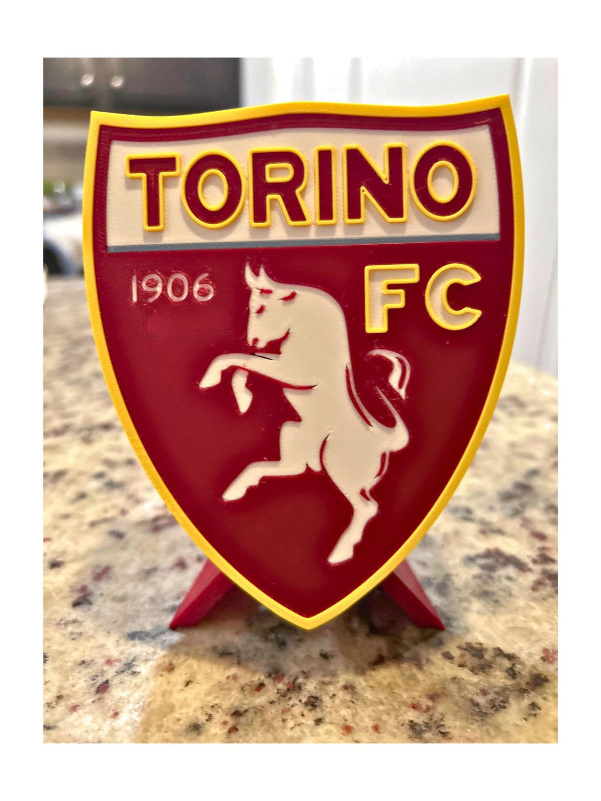Torino FC 3D printed granata shield crest with rampant bull display with stand and hidden stash box, Italian Serie A soccer fan gift, made in USA