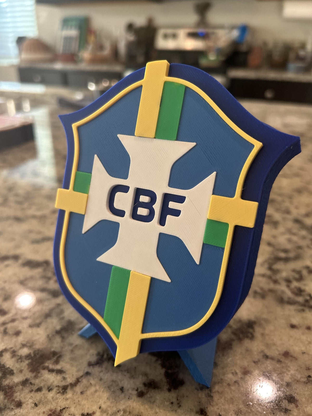 Brazil CBF 3D printed Seleção crest display with stand and hidden stash box, canarinho soccer fan gift, made in USA